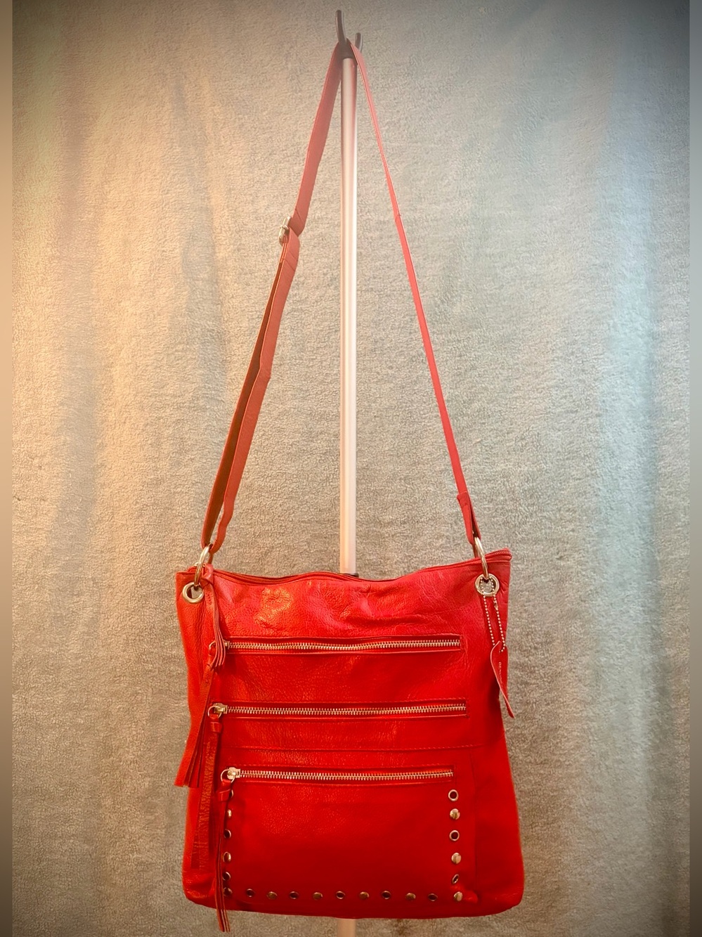Great American Leatherworks Red Genuine Leather Multi-Zip Crossbody Bag